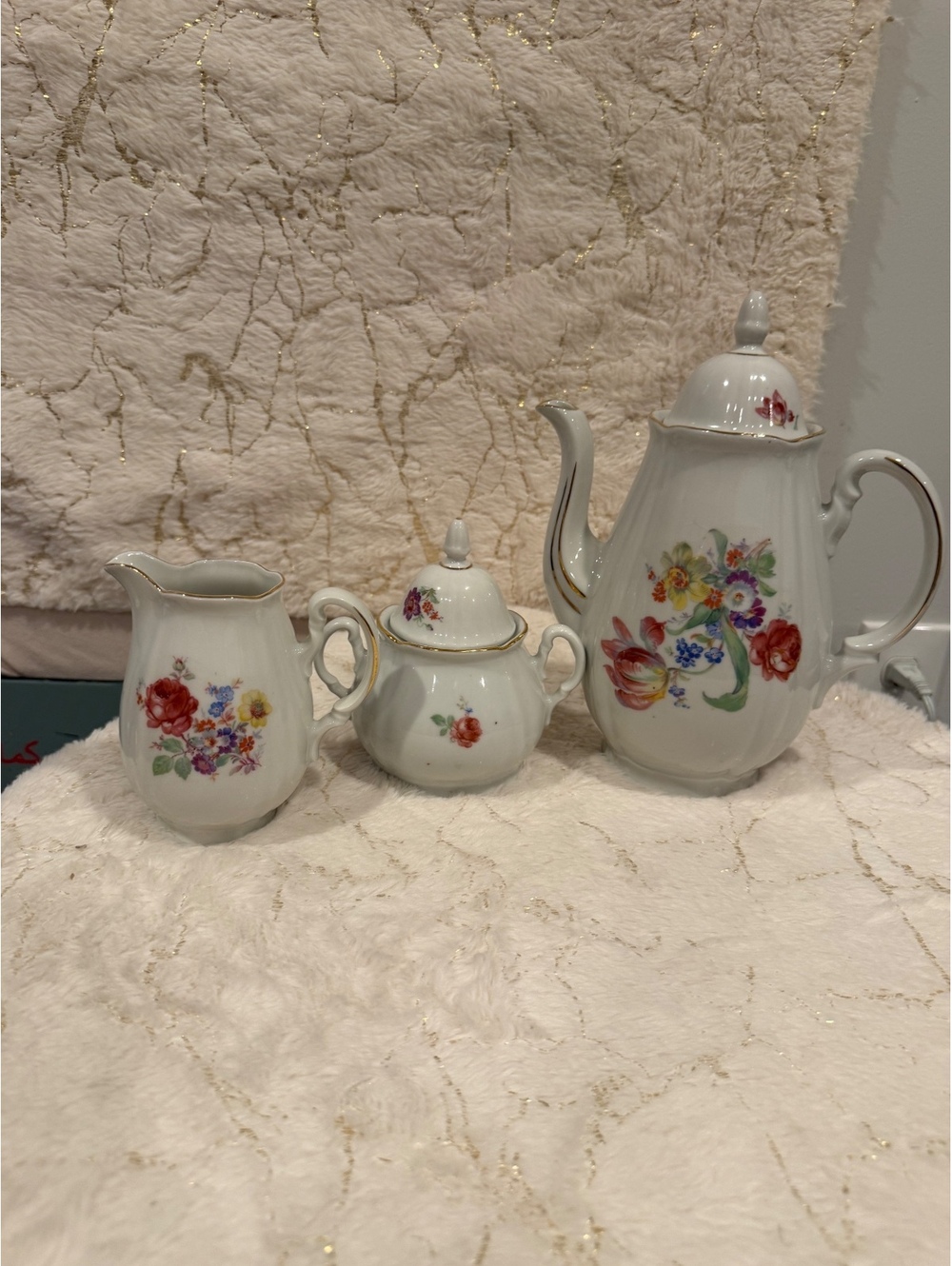 Vintage Germany U.S. Zone Porcelain 3-Piece Coffee Tea Set Floral Gold T